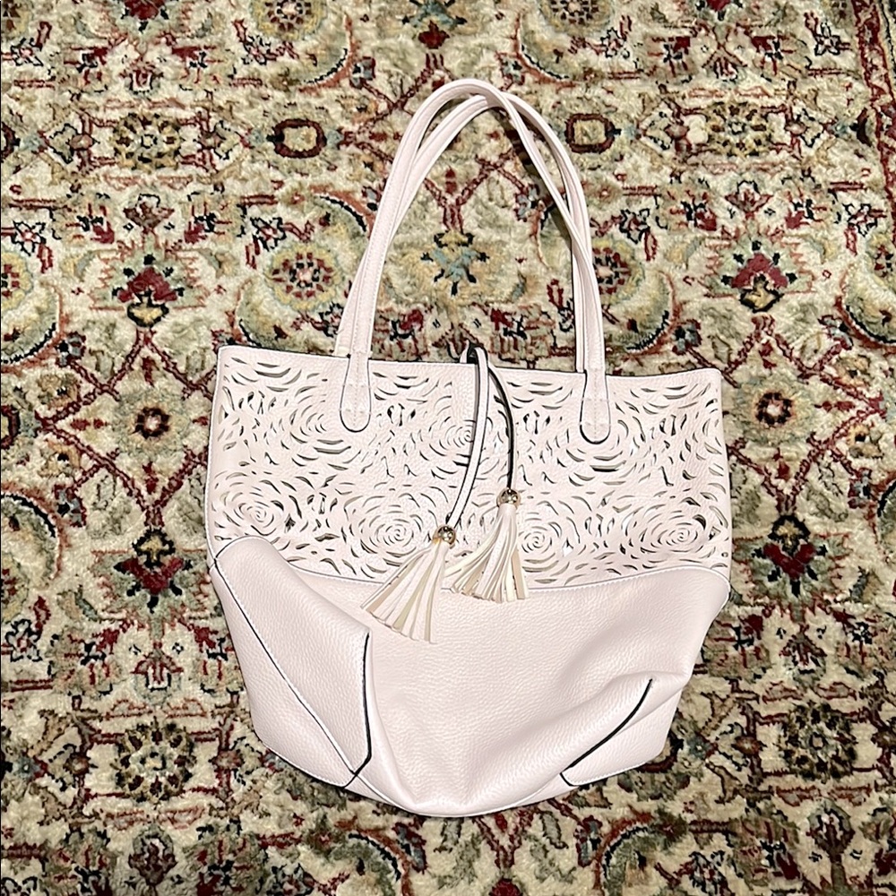 Pink Rose Cutout Tote Bag with Tassel Accents